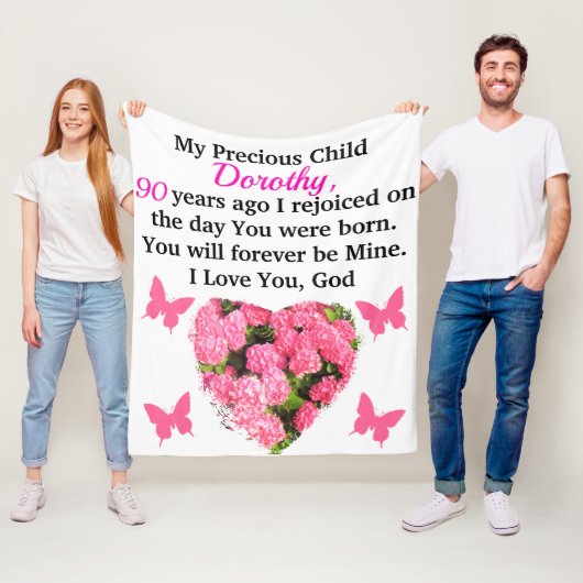 COUVERTURE POLAIRE JOLIE ROSE FLORALE PERSONNALISÉE 90E ANNIVERSAIRE (En situation)