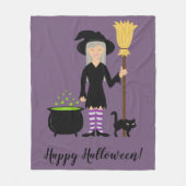 Couverture Polaire Jolie sorcière et chatte Happy Halloween Texte (Devant)