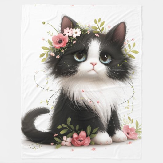 Couverture Polaire Jolie Tuxedo Kitten avec des fleurs Jeu d'oreiller (Devant)