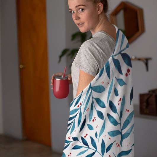 Couverture Polaire Jolies branches d'aquarelle - turquoise et rouge