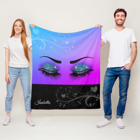 Couverture Polaire Jolies cils - Parties scintillant violette et bleu (En situation)