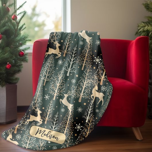 Couverture Polaire Jolies rennes de Noël monogramme vert