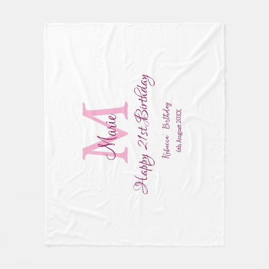 Couverture Polaire Joyeux 21e Anniversaire rose ajouter nom monogramm (Devant)
