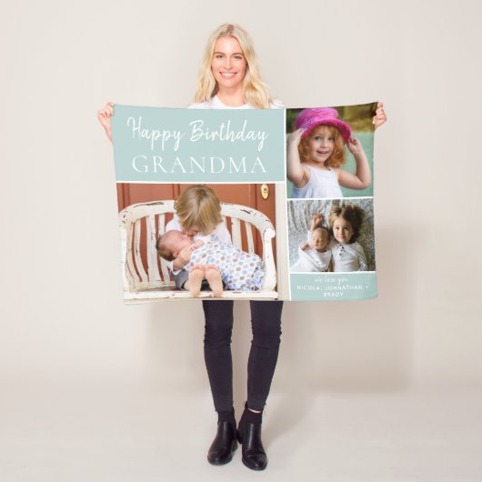 Couverture Polaire Joyeux anniversaire grand-mère photo collage Aqua (En situation)