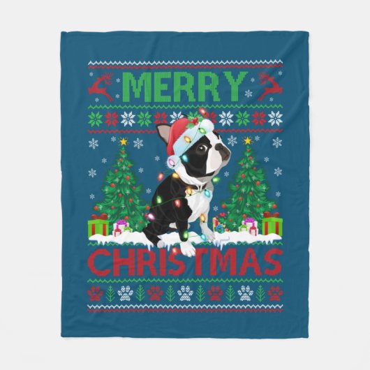 Couverture Polaire Joyeux éclairage de Noël laide Boston Terrier Chri (Devant)
