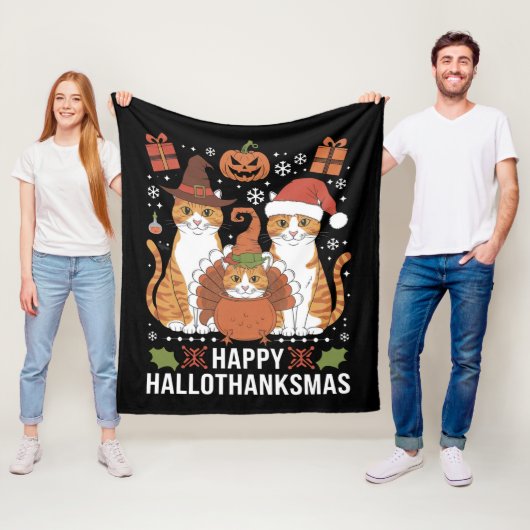 Couverture Polaire Joyeux Hallothanksmas Chats Halloween Noël (En situation)