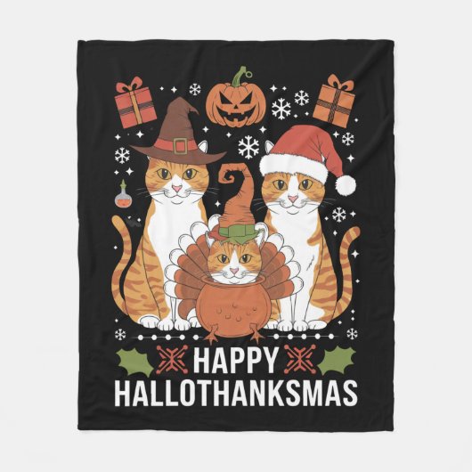 Couverture Polaire Joyeux Hallothanksmas Chats Halloween Noël (Devant)