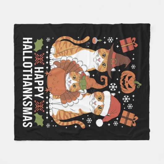 Couverture Polaire Joyeux Hallothanksmas Chats Halloween Noël (Devant (Horizontal))
