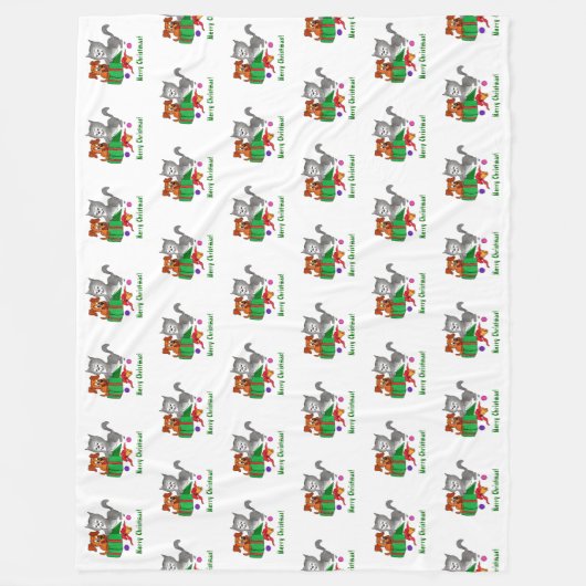 Couverture Polaire Joyeux Noël avec chat et chiot (Devant)