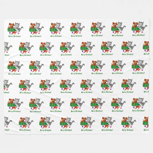 Couverture Polaire Joyeux Noël avec chat et chiot (Devant (Horizontal))