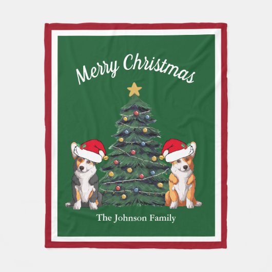Couverture Polaire Joyeux Noël Corgi mignon Personnalisé Rouge Vert (Devant)