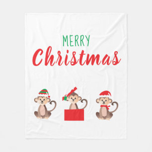 Couverture Polaire Joyeux Noël Jungle Singes Elf Santa Hat