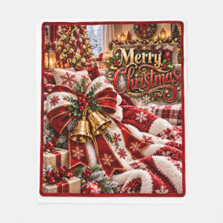 Couverture Polaire Joyeux Noël Ruban Rouge et Blanc et Cloches Dorées