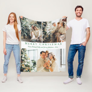 Couverture Polaire joyeux Noël vert script 3 photos collage chic