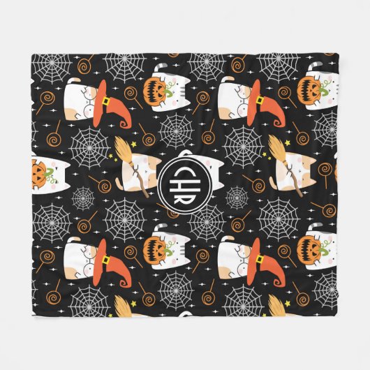 Couverture Polaire Kawaii Chat pour Halloween en Arrière - plan noir (Devant (Horizontal))