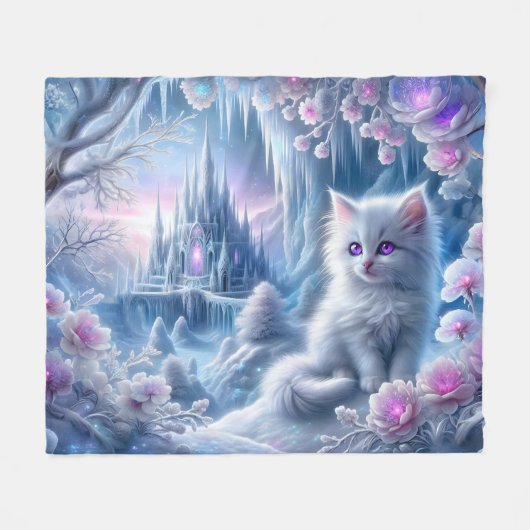 Couverture Polaire Kitten blanc dans le royaume des glaces d'Imaginai (Devant (Horizontal))