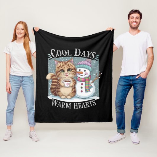 Couverture Polaire Kitten Cat and Snowman Friends Share Coffee Winter (En situation)