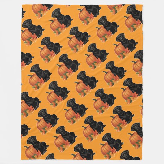 Couverture Polaire Labrador Noir avec feuilles d'automne et Citrouill (Devant)