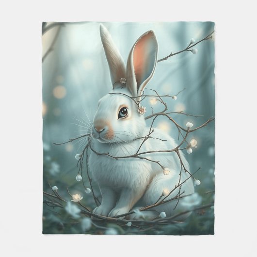 Couverture Polaire Lapin bleu pastel avec brindilles et fleurs (Devant)