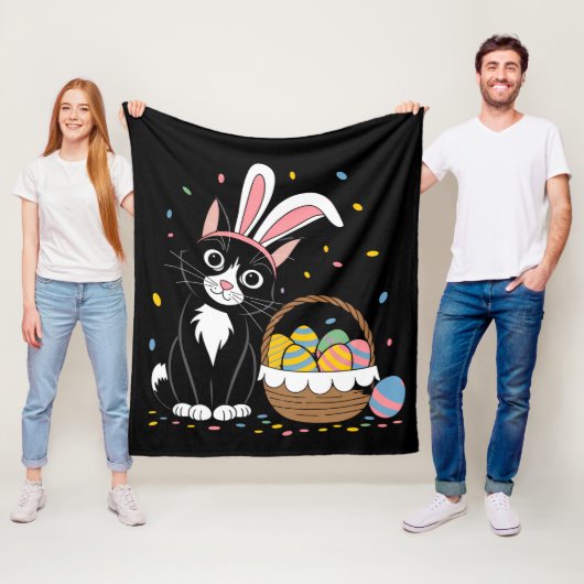 Couverture Polaire Lapin de Pâques Chat Noir Smoking Oreilles de Lapi (En situation)