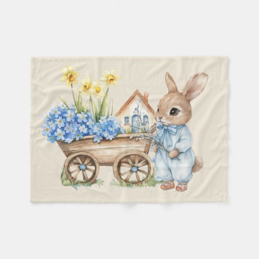 Couverture Polaire Lapin personnalisé avec fleurs bleues (Devant (Horizontal))