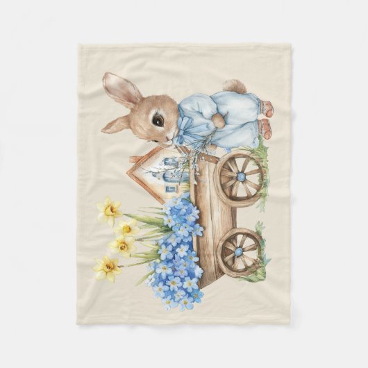 Couverture Polaire Lapin personnalisé avec fleurs bleues (Devant)