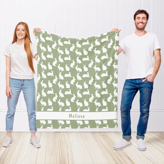 Couverture Polaire Lapin Sage Vert Et Blanc Motif Et Nom Pâques