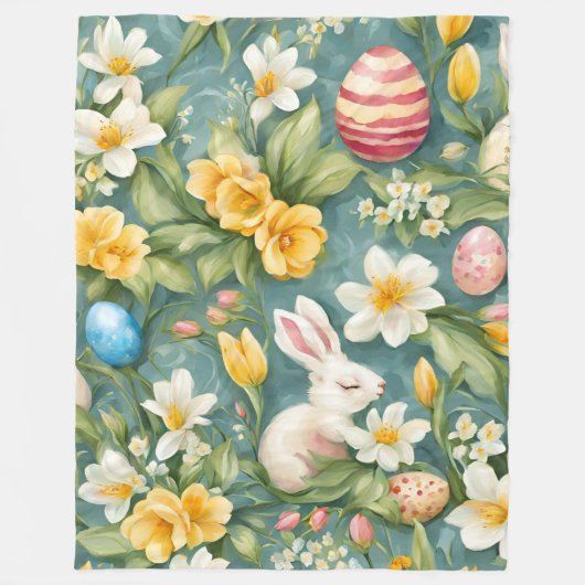 Couverture Polaire lapins, fleurs de printemps et oeufs de Pâques. Pe (Devant)
