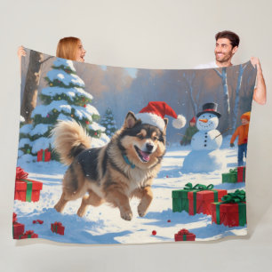 Couverture Polaire Lapphund finnois courant dans la neige avec un cha