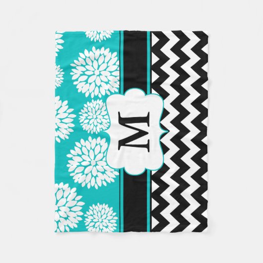 Couverture Polaire Le bleu noir fleurit monogramme de Chevron (Devant)