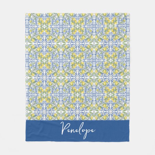 Couverture Polaire Lemon Citrus Blue Mediterranean Tile Pattern (Devant)