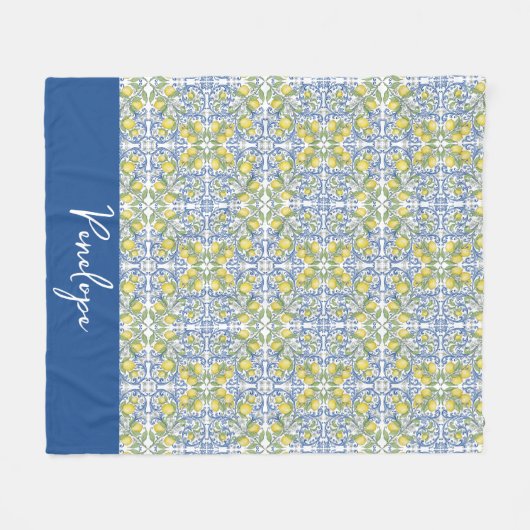 Couverture Polaire Lemon Citrus Blue Mediterranean Tile Pattern (Devant (Horizontal))
