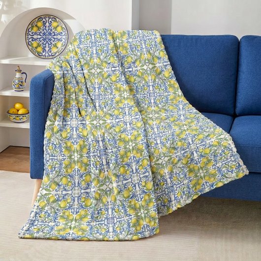 Couverture Polaire Lemon Citrus Blue Mediterranean Tile Pattern