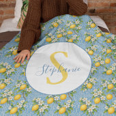 Couverture Polaire Lemon Watercolor Blue Tile Pattern Personalized