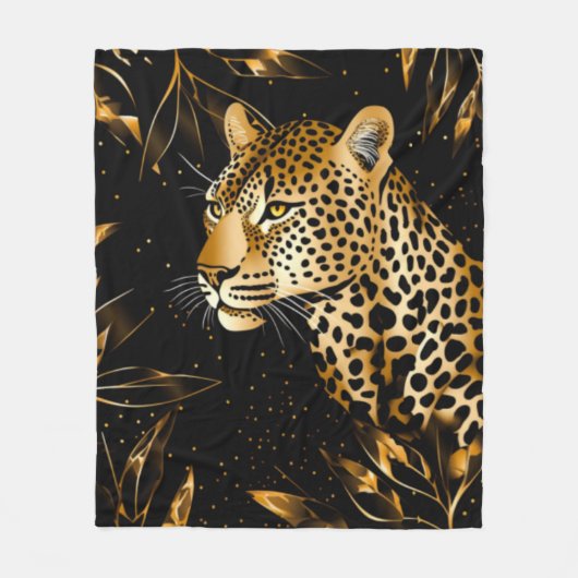Couverture Polaire Léopard Guépard Noir Or Jungle Safari Feuilles (Devant)