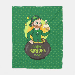 Couverture Polaire Leprechaun de dessin dans une casserole d'or tenan