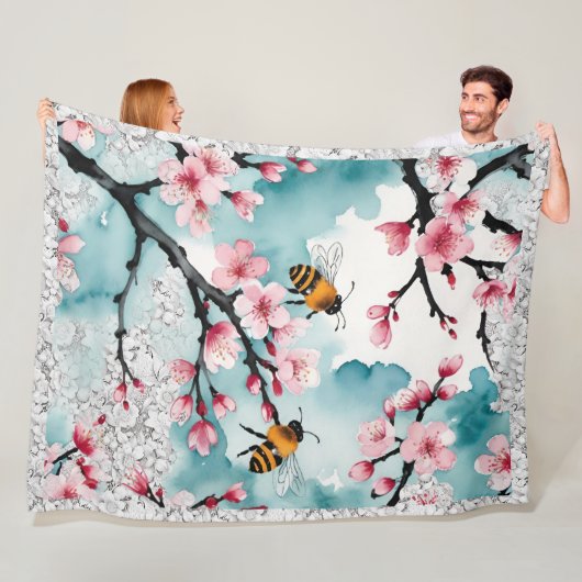 Couverture Polaire Les abeilles et les fleurs de cerises roses Dentel (En situation)