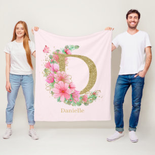 Couverture Polaire Lettre D Monogramme Floral et Or Aquarelle