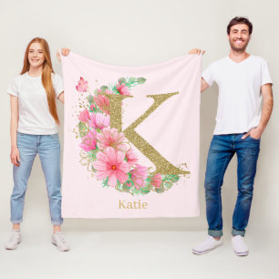Couverture Polaire Lettre K en monogramme floral et or aquarelle