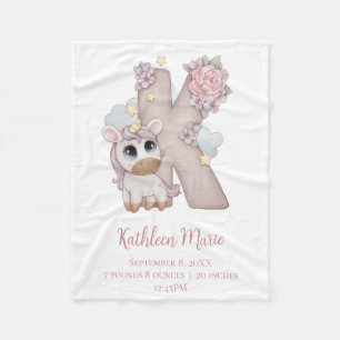 Couverture Polaire Lettre K Monogramme Licorne Cadeau Fille Rose