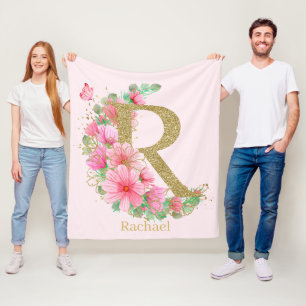 Couverture Polaire Lettre R Monogramme Florale et Or Aquarelle