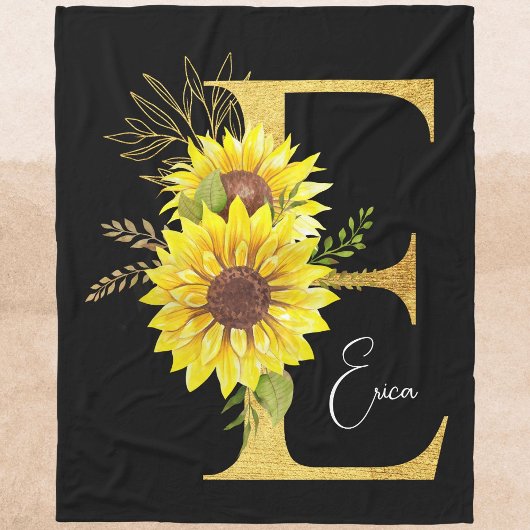 Couverture Polaire Lettre tournesol monogramme E lettre florale E cad