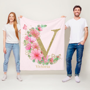 Couverture Polaire Lettre V Monogramme Floral et Or Aquarelle