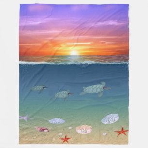 Couverture Polaire Lever de soleil sur l'océan et tortues de mer nage