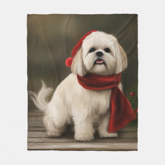 Couverture Polaire Lhasa Apso Chien dans Noël de neige (Devant)