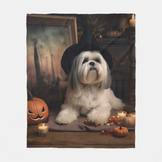 Couverture Polaire Lhasa Apso Citrouille Halloween effrayant (Devant)