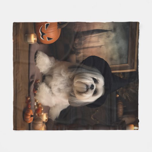Couverture Polaire Lhasa Apso Citrouille Halloween effrayant (Devant (Horizontal))
