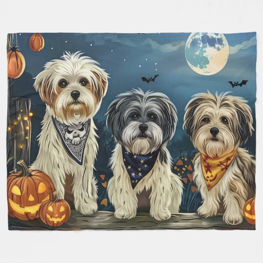 Couverture Polaire Lhasa Apso Halloween Éffrayant (Devant (Horizontal))