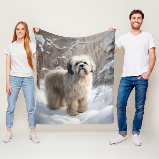 Couverture Polaire Lhassa Apso Laisse Neige Noël (En situation)