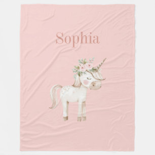 Couverture Polaire Licorne Fleurie Rose Pâle